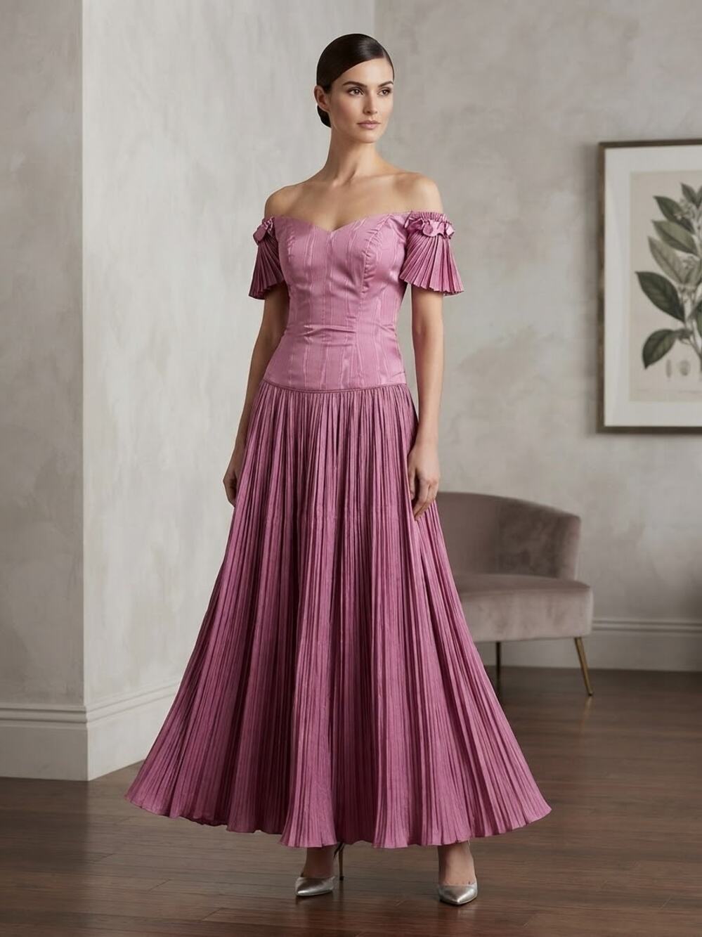 Vintage 80s Ada Athanassiou Pink Micro Pleated Formal Gown Off Shoulder XS 2